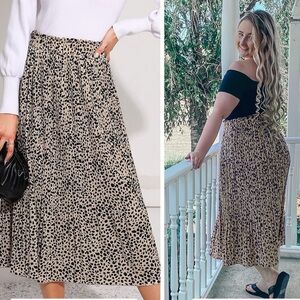 Leopard Polka Dot Pleated A-line Midi Skirt with Pockets